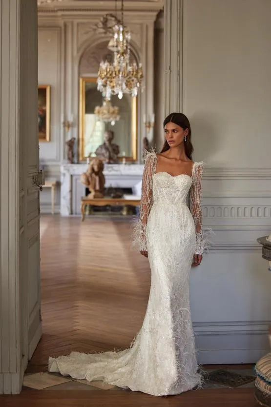 Romantic Sweetheart Neck Wedding Dress Sparkly Sequins Beads Bride Robe Elegant Lace Mermaid Long Bridal Gown Robe De Mariée Ivory 2