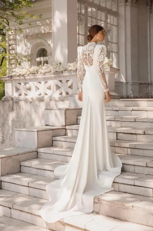 Modest High Collar Long Sleeve Wedding Dress Sparkly Sequins Appliques Bride Robe Elegant Mermaid Bridal Gown Robe De Mariée
