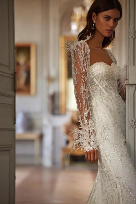 Romantic Sweetheart Neck Wedding Dress Sparkly Sequins Beads Bride Robe Elegant Lace Mermaid Long Bridal Gown Robe De Mariée