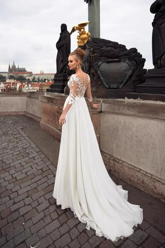 Beach Chiffon Wedding Dresses 3/4 Long Sleeves Lace Appliques Bridal Dress Sexy High Split Simple Boho Wedding Party Gown