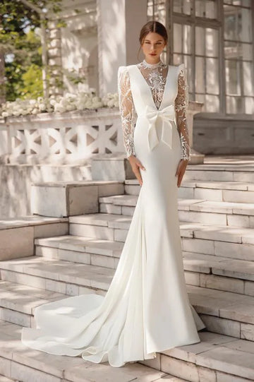 Modest High Collar Long Sleeve Wedding Dress Sparkly Sequins Appliques Bride Robe Elegant Mermaid Bridal Gown Robe De Mariée White