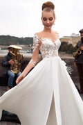 Beach Chiffon Wedding Dresses 3/4 Long Sleeves Lace Appliques Bridal Dress Sexy High Split Simple Boho Wedding Party Gown White Custom size