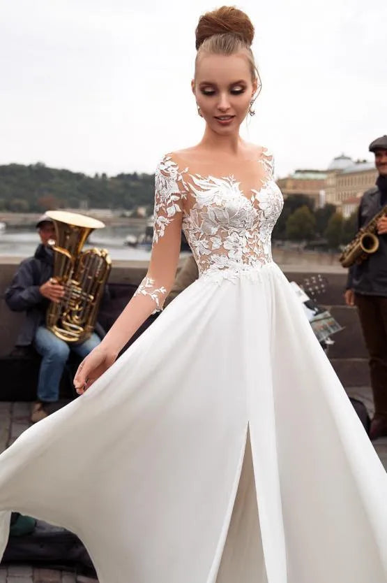 Beach Chiffon Wedding Dresses 3/4 Long Sleeves Lace Appliques Bridal Dress Sexy High Split Simple Boho Wedding Party Gown White Custom size