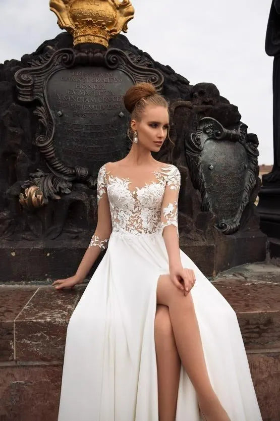 Beach Chiffon Wedding Dresses 3/4 Long Sleeves Lace Appliques Bridal Dress Sexy High Split Simple Boho Wedding Party Gown
