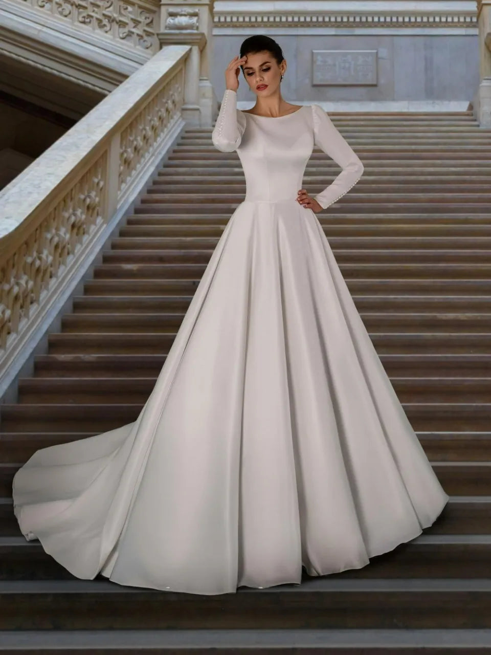 Elegant Satin Wedding Dress Long Sleeves Modest Bride Dress Muslim Button White A Line Women Bridal Dress