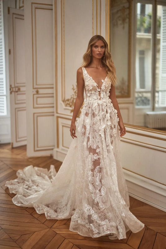 Fairy-like A-Line Semi-Transparent Wedding Dress Vestido De Novia Bridal Gown Court Train Princess Modern Mermaid Bow Satin