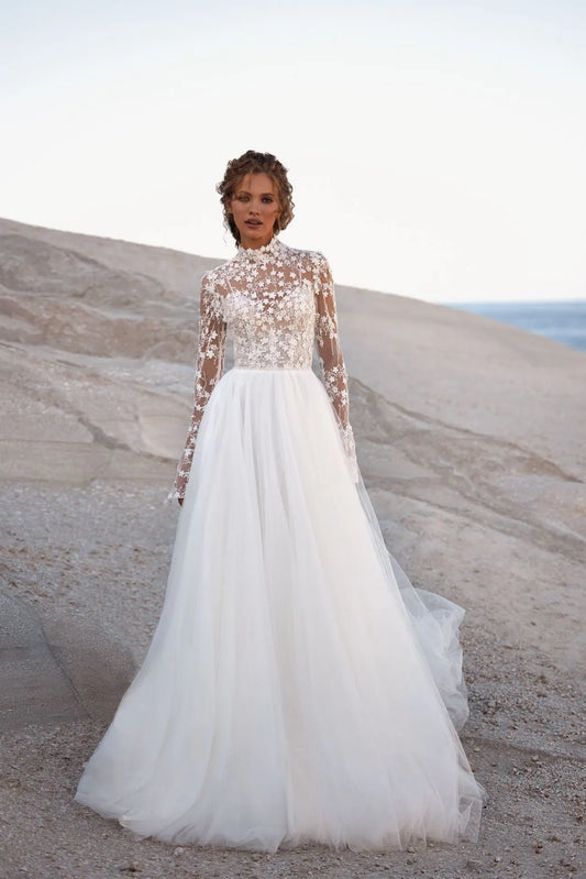 Modest A Line Wedding Dress Tulle High Neck Beading Flowers With Lace Applique Full Long Sleeves Button Back Bridal Gowns Custom Ivory