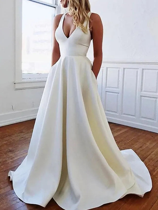 Simple Wedding Dresses A-Line Satin Bridal Gown Bow Decorate Spaghetti Straps Sexy Sleeveless Deep V-Neck Vestidos De Novia As Picture