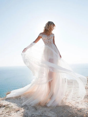 Beach Short Wedding Dresses 2 Pieces Detachable Train Beading Appliques Lace Bridal Gown Customize Cap Sleeve As Picture