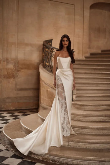 Chic Mikado Gown with a Sheer Chantilly Lace Underskirt Modern Satin Bridal Gown Princess Court Train Bow Wedding Dress Vestido De Novia Mermaid