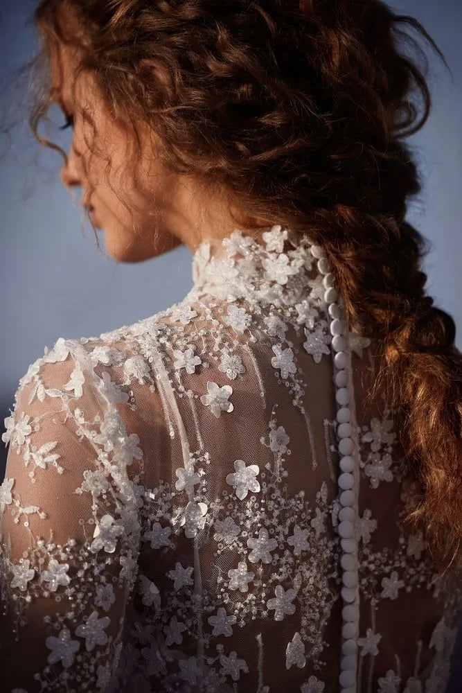 Modest A Line Wedding Dress Tulle High Neck Beading Flowers With Lace Applique Full Long Sleeves Button Back Bridal Gowns Custom