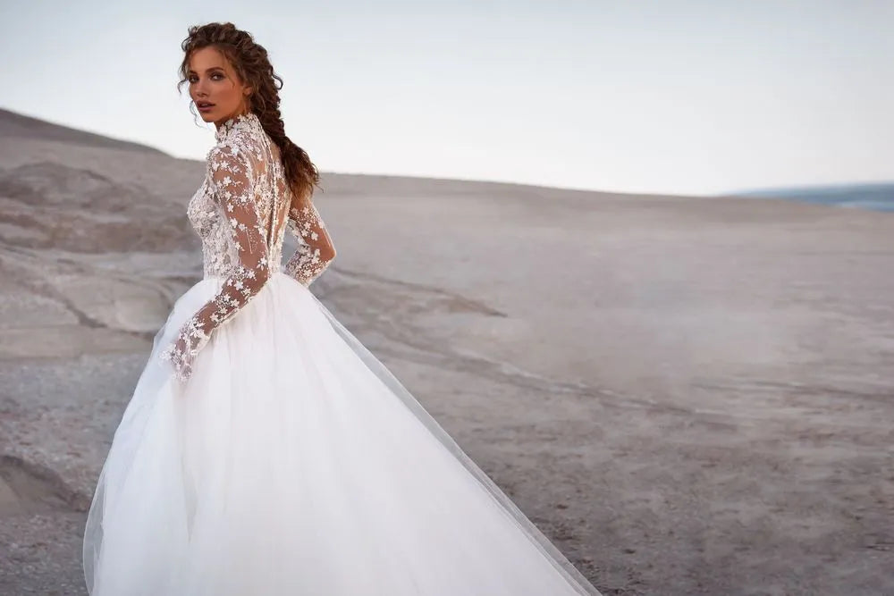 Modest A Line Wedding Dress Tulle High Neck Beading Flowers With Lace Applique Full Long Sleeves Button Back Bridal Gowns Custom