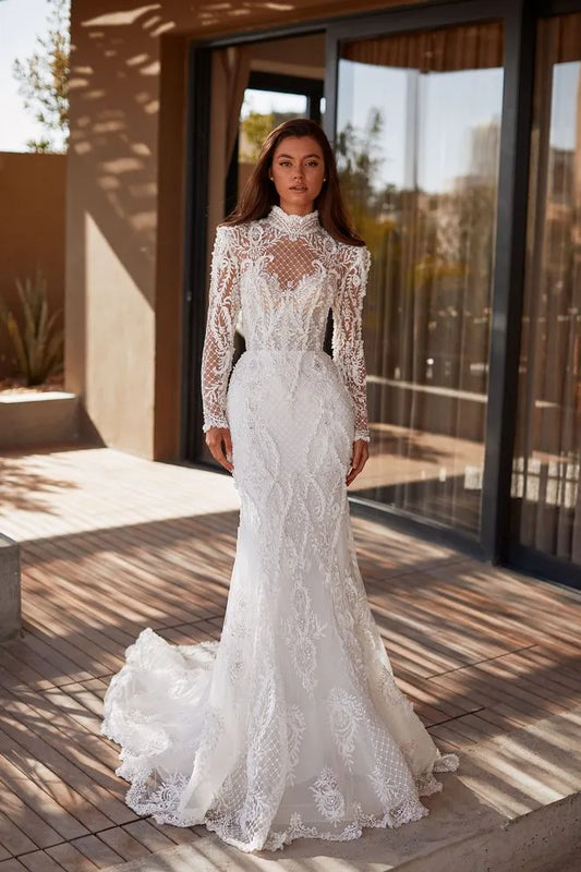 Exquisite White Wedding Dress Sexy Mermaid Backless Button Pleat Lace Appliques Bridal Gown High Neck Long Sleeves Sweep Train As Picture