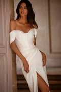Sexy Women's Off Shoulder Bridal Dresses Satin Mermaid Pleated Side High Split Wedding Welcome Guest Gowns Formal Beach Party De Beige 2