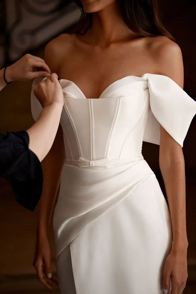 Sexy Women's Off Shoulder Bridal Dresses Satin Mermaid Pleated Side High Split Wedding Welcome Guest Gowns Formal Beach Party De