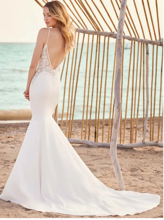 Elegant Mermaid Wedding Dresses V-Neck Spaghetti Straps Lace Open Back Beach Bridal Gown Sweep Train Vestidos De Novia