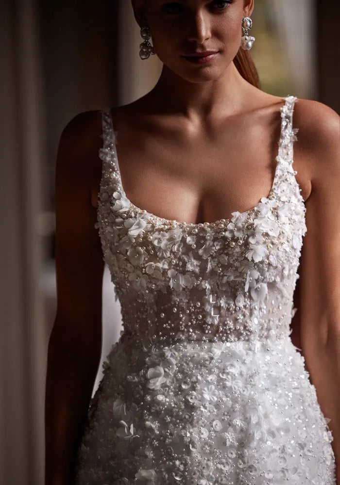 Exquisite Lace Wedding Dresses For Woman Sexy Illusion Square Collar Appliques Spaghetti Straple Bride Gown Dress High Side Slit