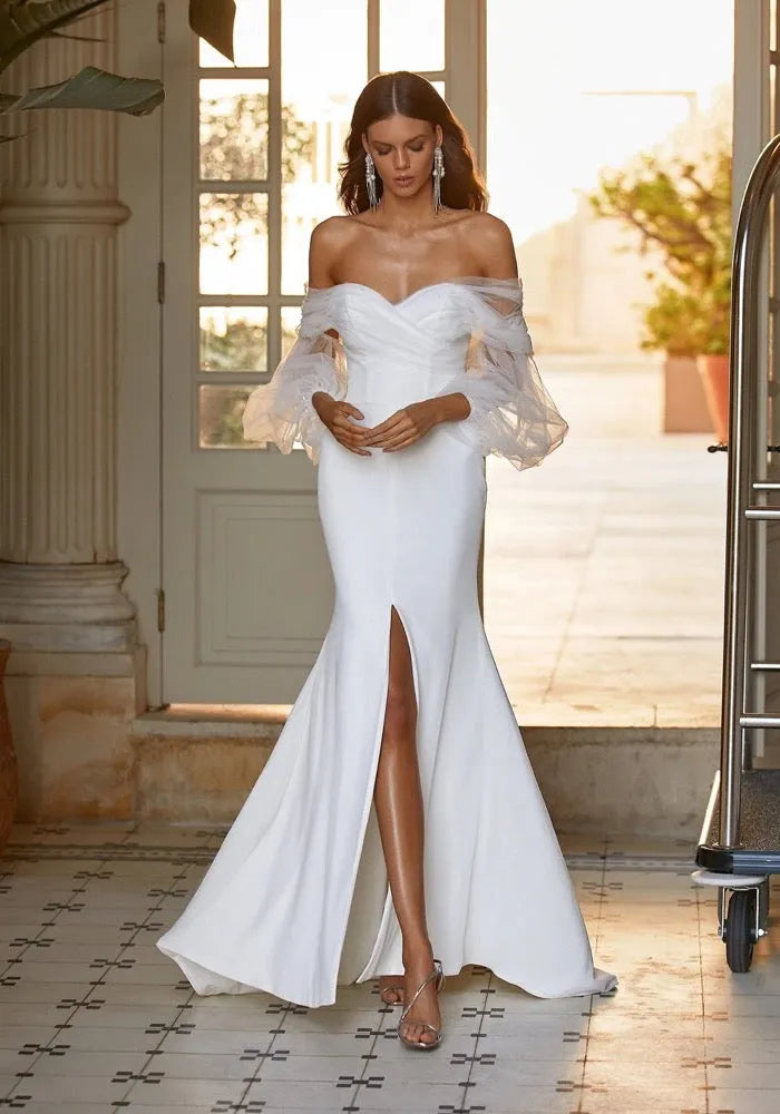 Sexy Strapless Evening Dresses Off Shoulder Long Sleeves Satin Organza Split Bridal Gown Robe Custom Made De Mariée As Picture