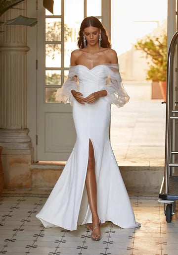 Sexy Strapless Evening Dresses Off Shoulder Long Sleeves Satin Organza Split Bridal Gown Robe Custom Made De Mariée As Picture
