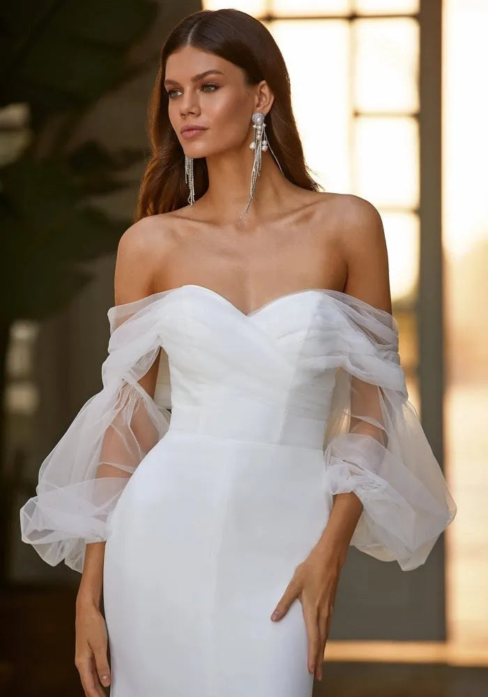 Sexy Strapless Evening Dresses Off Shoulder Long Sleeves Satin Organza Split Bridal Gown Robe Custom Made De Mariée