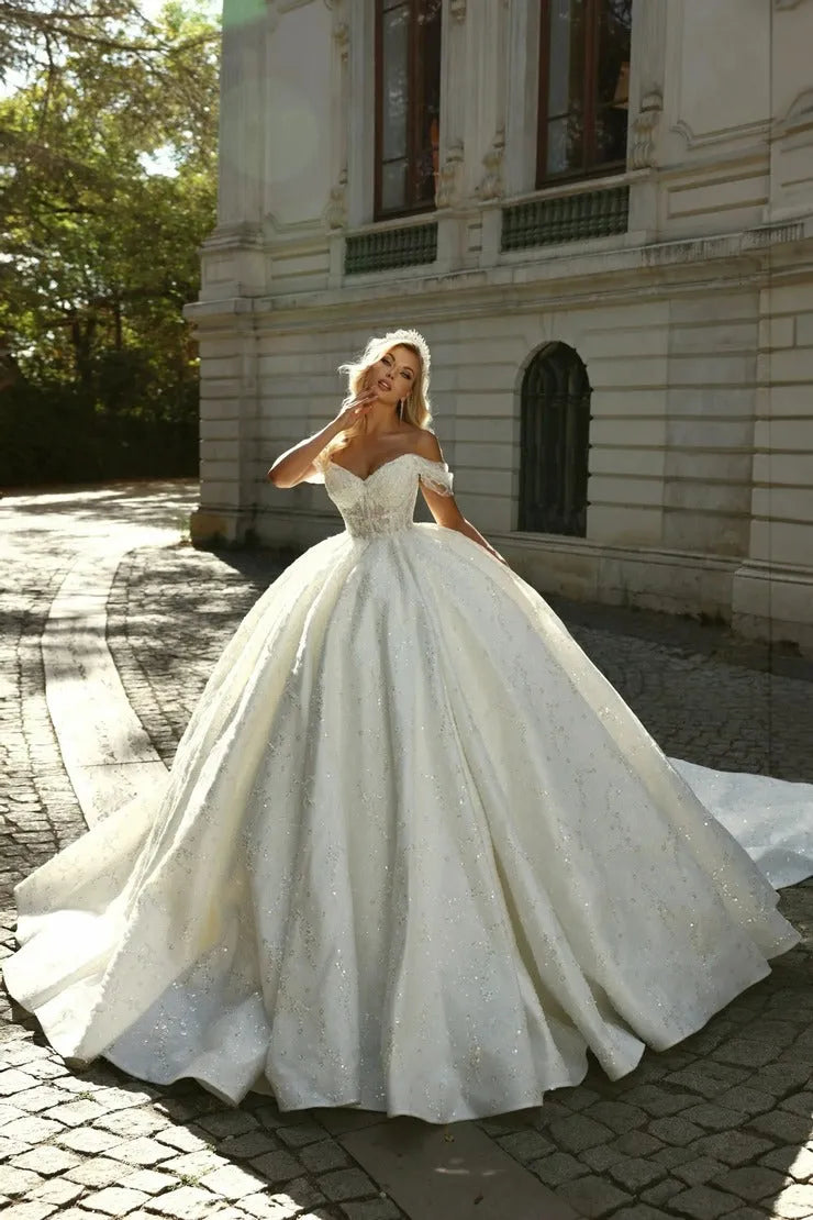 Graceful Off The Shoulder Bridal Dress Sparkly Sequins Beads Wedding Gown Luxury Ball Gown Long Bride Robe Vestido De Novia White