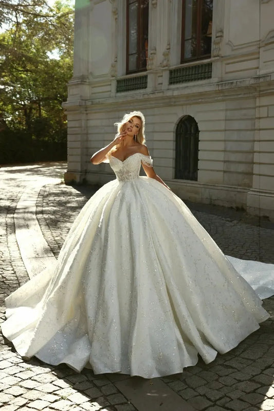 Graceful Off The Shoulder Bridal Dress Sparkly Sequins Beads Wedding Gown Luxury Ball Gown Long Bride Robe Vestido De Novia White