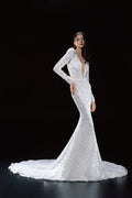 Chic Modern Wedding Dress with Long Sleeves, V-Neckline & Exquisite Lace in a Flattering Mermaid Silhouette for a Glamorous and Sophisticated Bridal Look