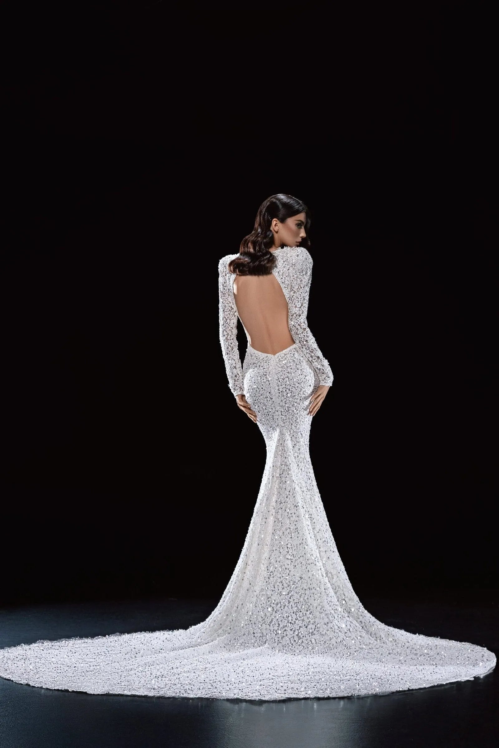 Chic Modern Wedding Dress with Long Sleeves, V-Neckline & Exquisite Lace in a Flattering Mermaid Silhouette for a Glamorous and Sophisticated Bridal Look
