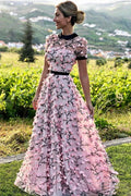 Amanda High Neck Evening Dress 3D Flower Prom Dress 2023 Pink Lace Embroidery Party Dress A-line