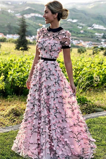 Amanda High Neck Evening Dress 3D Flower Prom Dress 2023 Pink Lace Embroidery Party Dress A-line