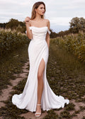 Sexy Mermaid Strapless White Wedding Dress With High Side Split Off The Shoulder Beach Backless Bride Gown Button Robe de mariée Ivory