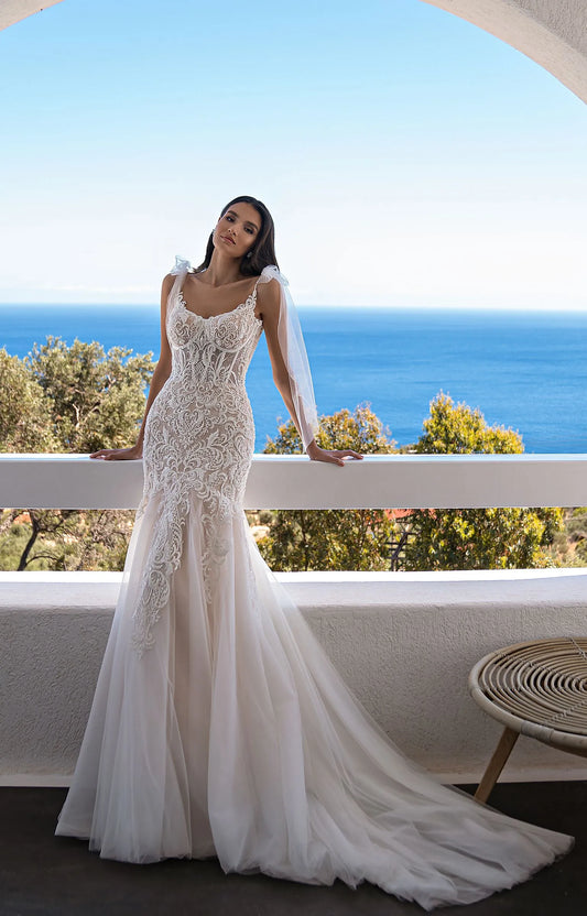 Lace Boho Mermaid Wedding Dresses Corset Strap Backless Sweetheart Appliques Tulle Formal Women Beach Bridal Gowns