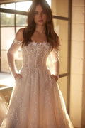 Off The Shoulder Long Sleeve Wedding Dress Sequined Bride Robe Elegant A-line Long Bridal Gown