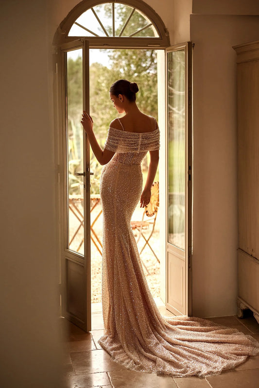 Glitter Mermaid Wedding Dresses For Woman Off Shoulder Court Train