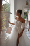 Vintage Side Slit Wedding Gown for Bride Appliques Off the Shoulder Pleat Strapless Robe De Mariee