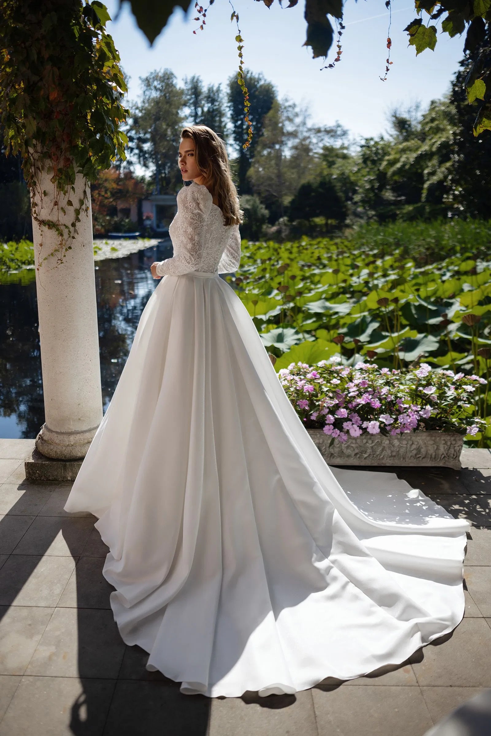 Modern A Line Wedding Dresses For Women Brides Square Neck Long Sleeves Lace Bride Dress With Pocket Belt Wedding Gown