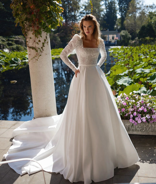 Modern A Line Wedding Dresses For Women Brides Square Neck Long Sleeves Lace Bride Dress With Pocket Belt Wedding Gown Ivory