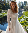Modern A Line Wedding Dresses For Women Brides Square Neck Long Sleeves Lace Bride Dress With Pocket Belt Wedding Gown