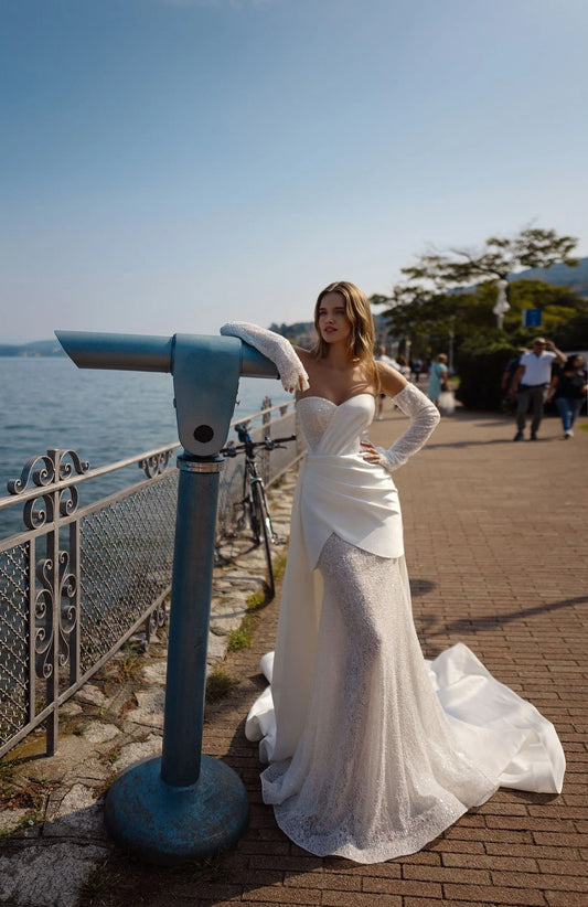 Gorgeous Sweetheart Wedding Dress Mermaid Lace Illusion Bride Gowns Detachable Sleeve New Vestidos De Novia For Bride