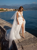 Classic Cloak Wedding Gown for Women V-neck Sleeveless Appliques Backless