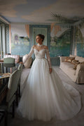 Glamorous Tulle Sequins Wedding Dress A-line Court Button Wedding Gown Long Illusion Sleeve Vestidos De