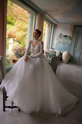 Glamorous Tulle Sequins Wedding Dress A-line Court Button Wedding Gown Long Illusion Sleeve Vestidos De