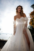 Wedding Dress Tulle Off-the-shoulder Long Illusion Sleeve A-line Elegant Exquisite style Luxury