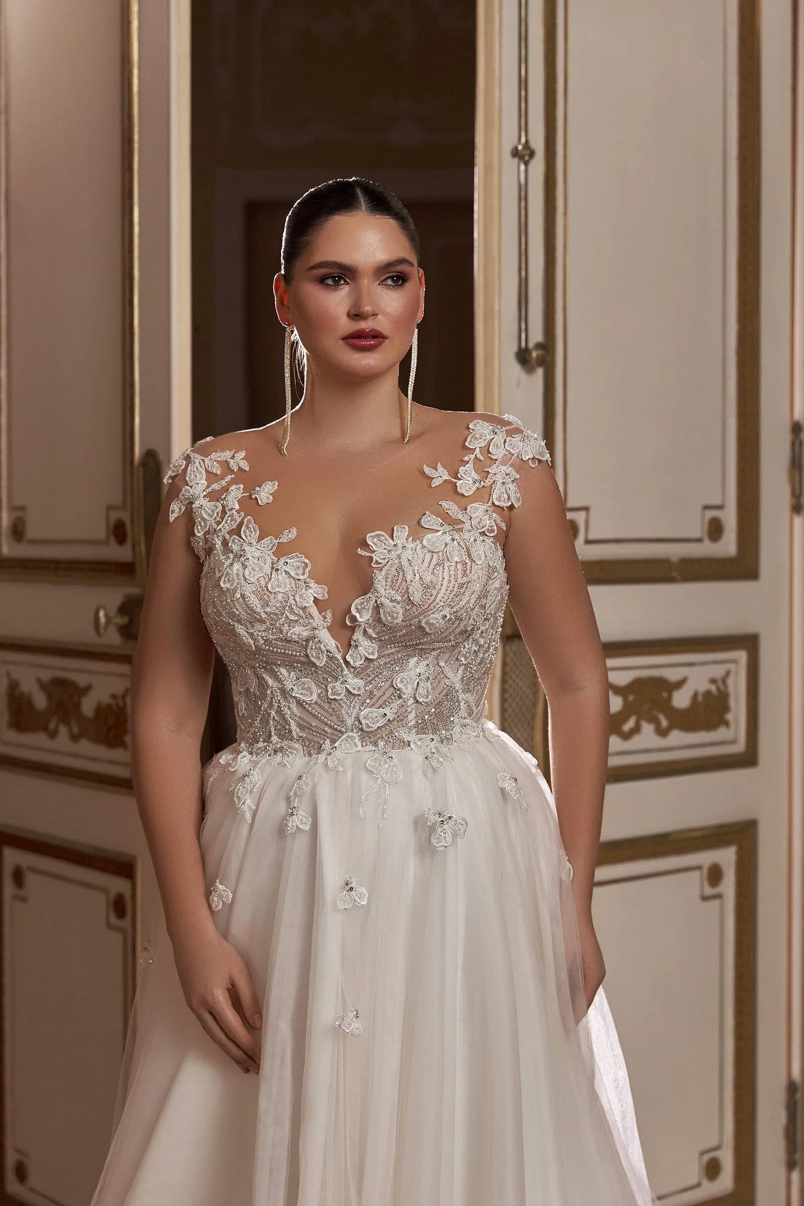 Wedding Dress with Court Train Lace Appliques Long Tulle Bride Dresses for Women Classic Bridal Gown