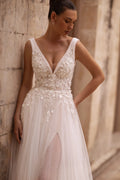 Glamorous V-Neck Wedding Dress Slit A Line Backless Buttons Appliques Tulle Abito Da Sposa Court Train