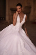 Graceful A Line Wedding Dresses for Women Deep V Neck Appliques Lace Tulle Sweep Train Drop Shipping Vestidos De Novia