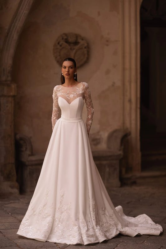 Vintage Satin Wedding Dresses Lace Appliques Glitter Sequins Bridal Gowns