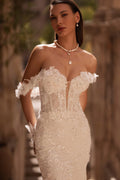 Graceful Off The Shoulder Wedding Gown for Bride Trumpet Sweetheart Appliques Lace Backless Sweep Train