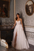 Graceful 3D Appliques Wedding Dresses High Slit Spagetti Strap Sweetheart Sequins Tulle Brush Train Vestido De Novia