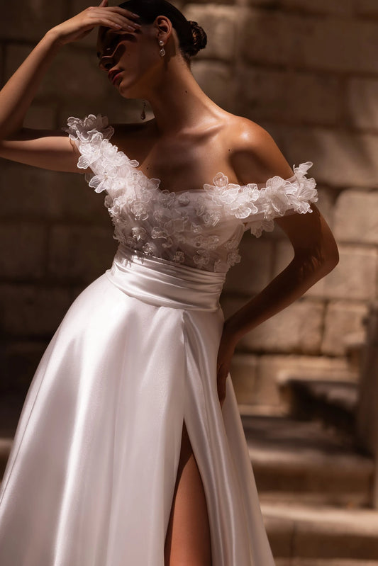 Elegant Women's Wedding Dresses Satin A-Line Sexy Side High Slit Princess Bride Gowns Formal Beach Party Vestidos De Novia Robe